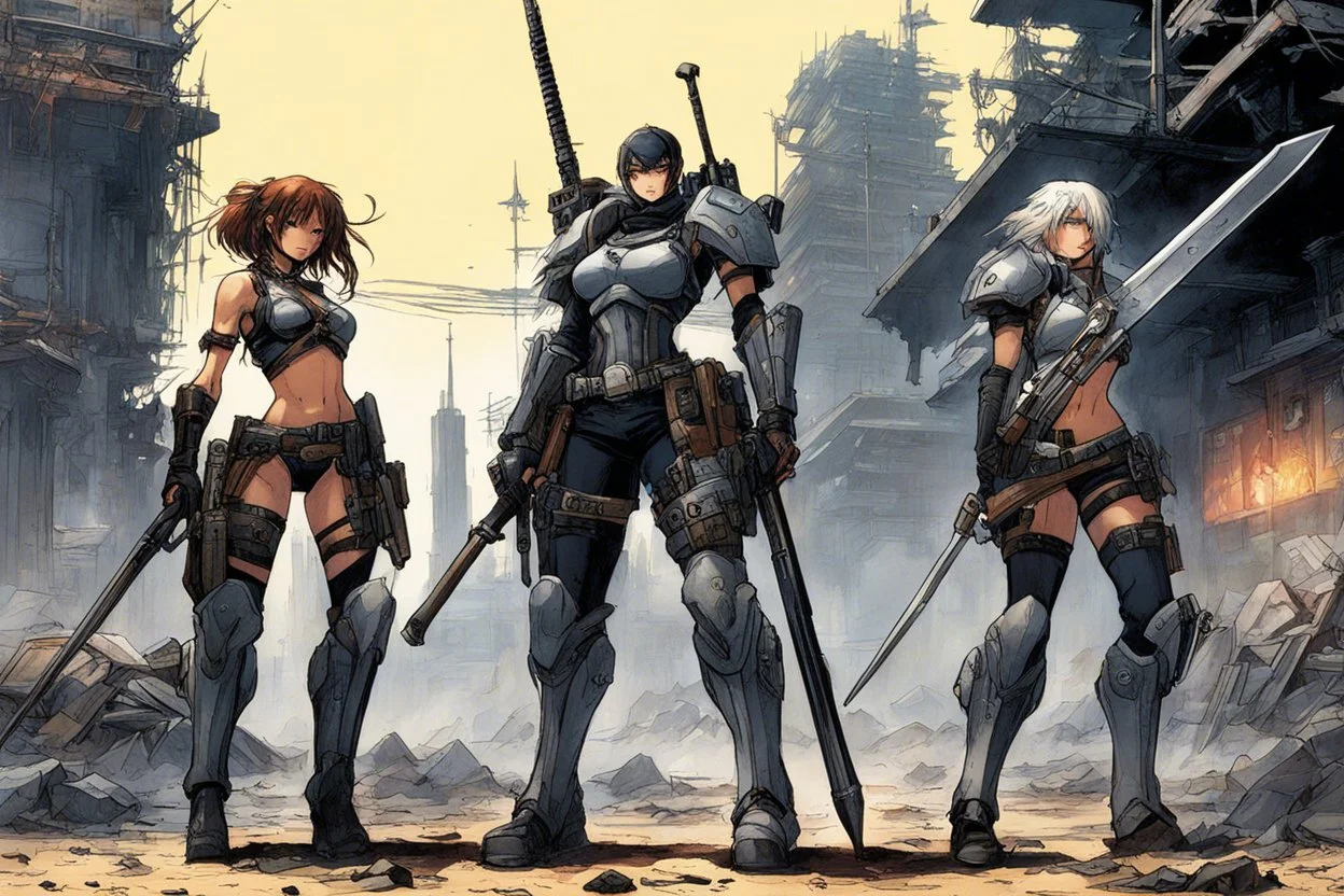 haiku by masamune shirow: post-apocalyptic desolated city. Three bioroids: death with a blade, dust with a rifle, and rust with a club.