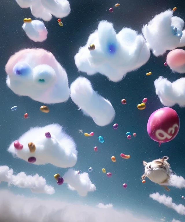 Ultra realistic speed clouds sky scene, wide angle view, sweet women falling down, Childs, feather inflatable color clothing, free jumping flying, many trinkets, hair monster, many jelly beans, balls, color smoke, smile, happy, circus style, extreme, wind, clouds sea, 20,000 feet altitude, stratosphere, soft color, highly detailed, unreal engine 5, ray tracing, RTX, lumen lighting, ultra detail, volumetric lighting, 3d, finely drawn, high definition, high resolution.