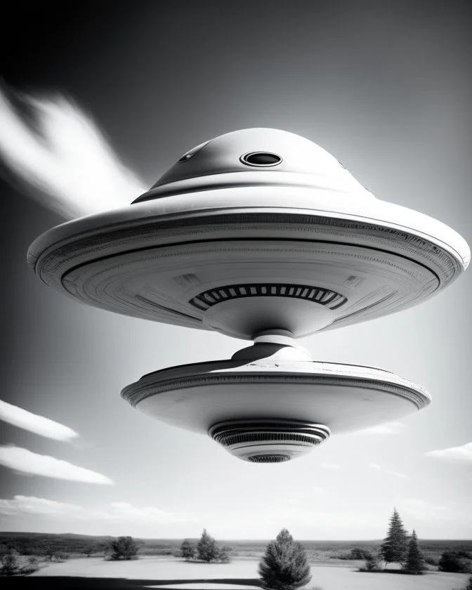 Design a retro futuristic, UFO hovering in a clear blue daytime, photorealism, surrealism, black and white photography, analog film, highly detailed