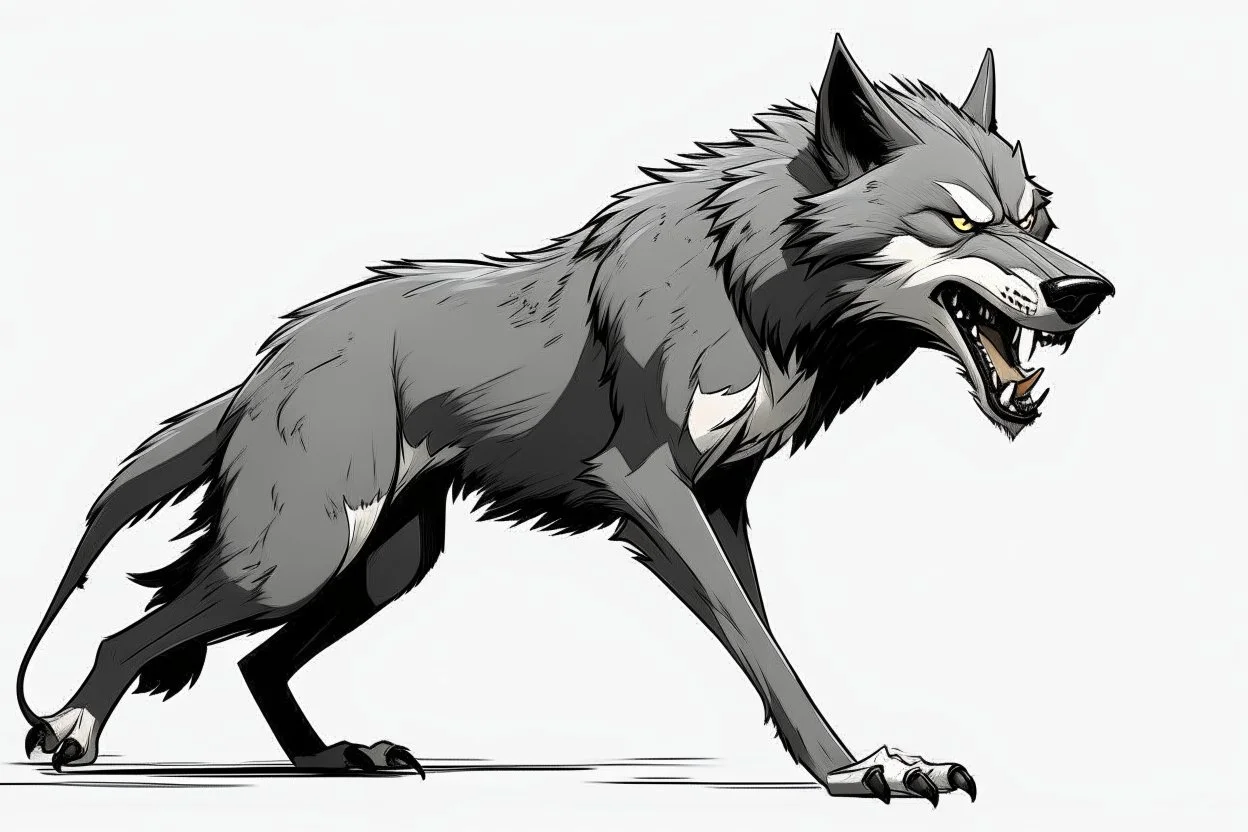wolf, full body, attacking, profile ,comic book, gray background,