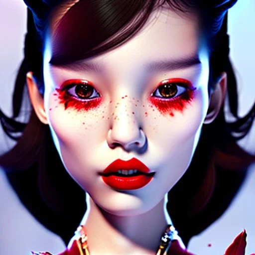 a teenage Asian girl blessed with beauty so flawless and enchanting. Lips red as the rose, hair black, and skin white as snow describes her most notable features, red lips and rosy cheeks. 3D human portrait, raytracing, volumetric light.