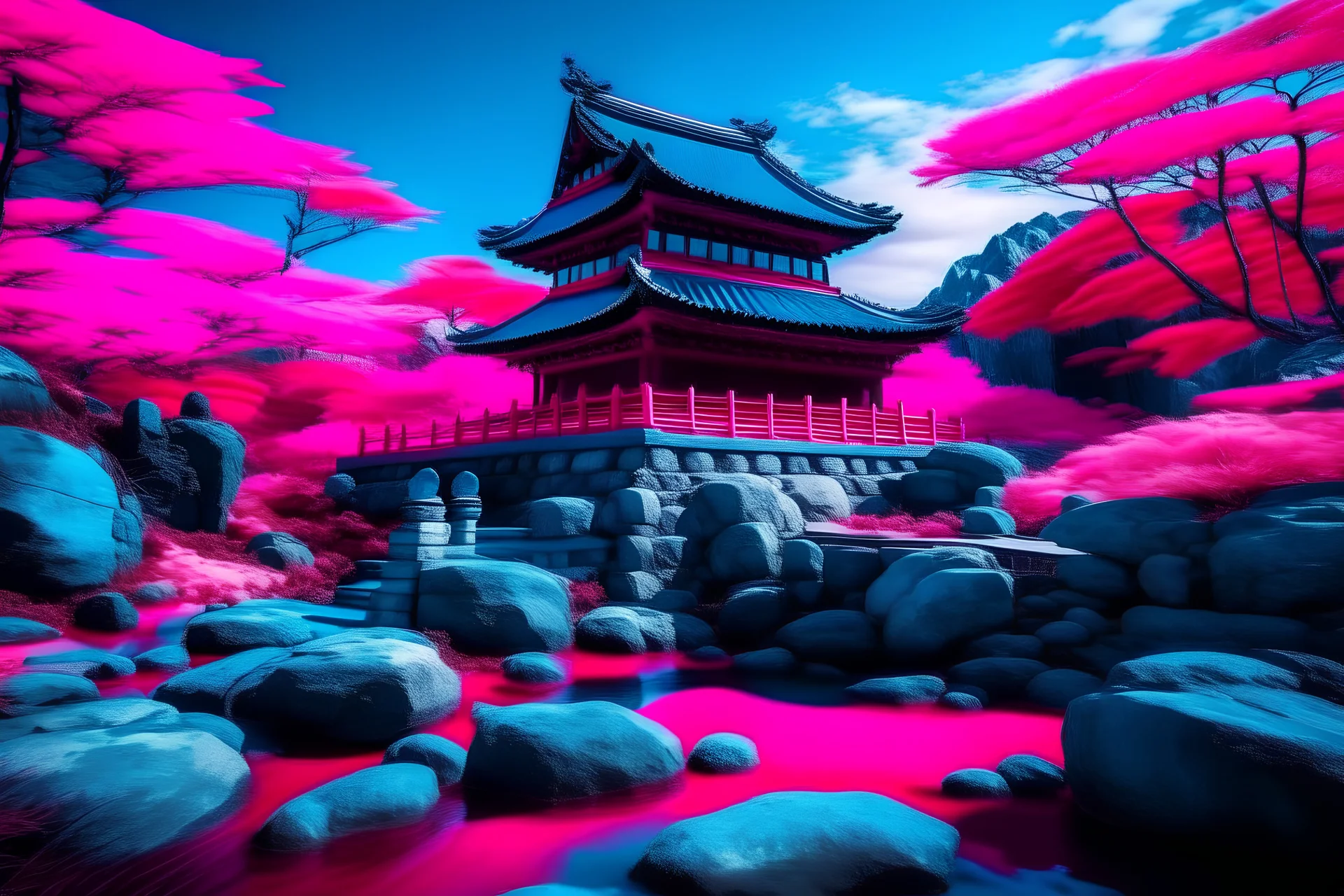 japan temple, rocks, lagoon, vegetations, epic, neon pink and blue colors, maximal details, soft light, 16k , high contrast, 35mm canon real photo quality,