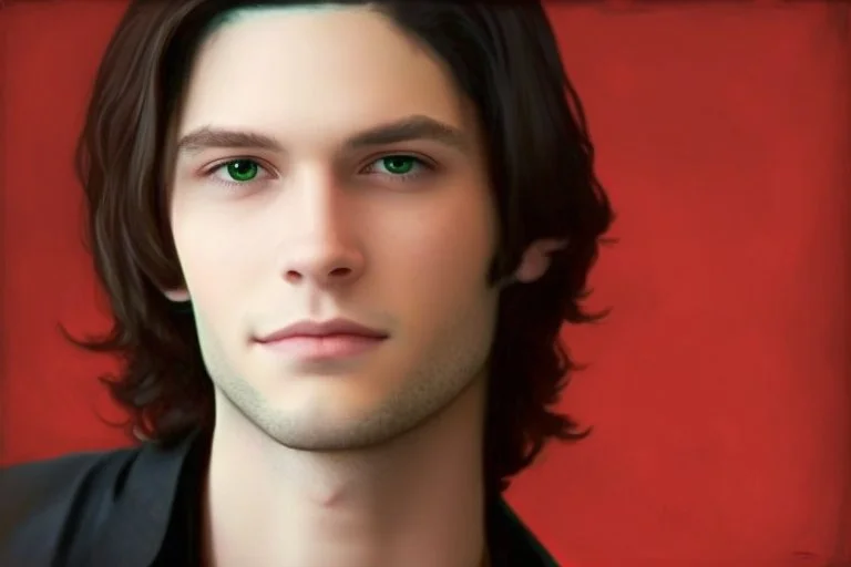 a young male with shoulder length black hair and green eyes, smirk