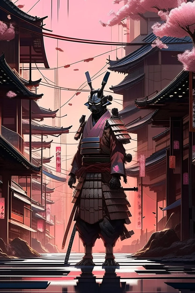 Captivating anime illustration. Samurai standing in the middle of a futuristic and sandy urban ghetto. Traditional samurai armor with a modern, elegant touch and style that shines under the light. His katana, sheathed at his side, is an extension of his being. Background, mix of ancient Japan and a dystopian future, cherry blossoms intertwined with towering skyscrapers and holographic advertisements. The atmosphere is a mix of nostalgia, tension and hope