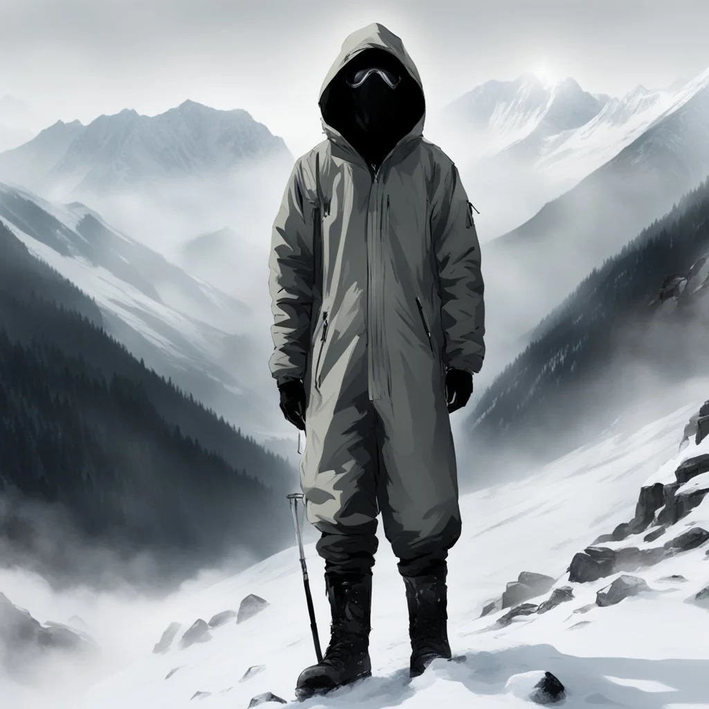 CP-1529 King of the Mountain, from SCP lore, it appears to be of average height and weight and is dressed head to toe in what resembles standard mountaineering wear and boots, colored white; SCP-1529's face is entirely obscured by the hood of its parka and what appears to be an oversized pair of opaque black mountain goggles, minimalistic art, hyperdetailed, artstation trending, world renowned artists, historic artworks society, antique renewel, cgsociety