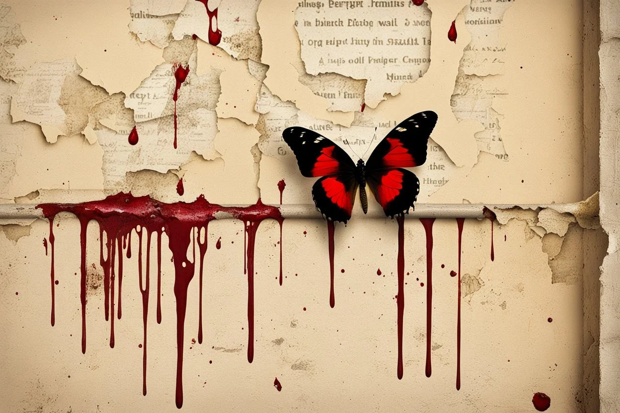 a bleeding black velvet butterfly is pinned on a large nail on an old dirty wall, red blood flowing from the butterfly's wings and body, drops of blood on the wall, old yellowed torn newspaper clippings on the wall, dirty fingerprints, cracked old grayed white paint, intricate details, sharp focus , cinematic, surreal, frighteningly beautiful, perfect composition