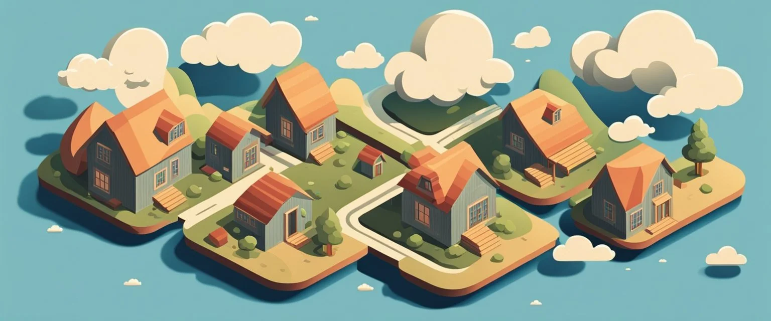 isometric landscape with houses and clouds