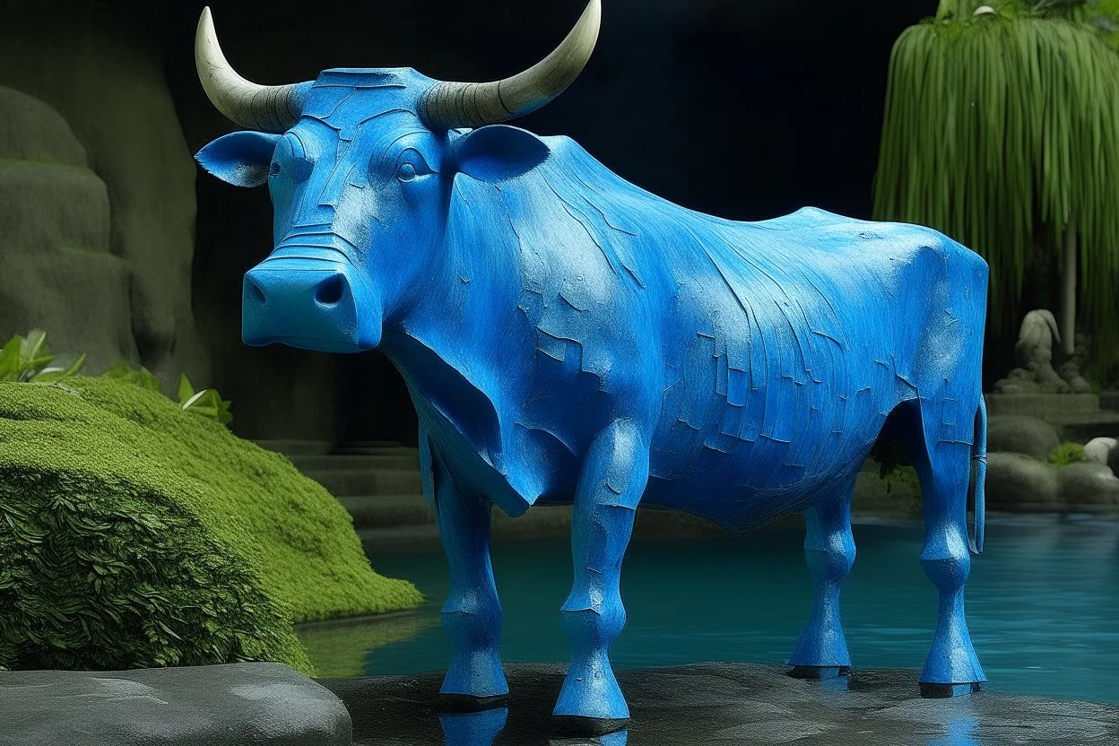 A blue water elemental cow designed in Moai statues painted by John Atkinson Grimshaw