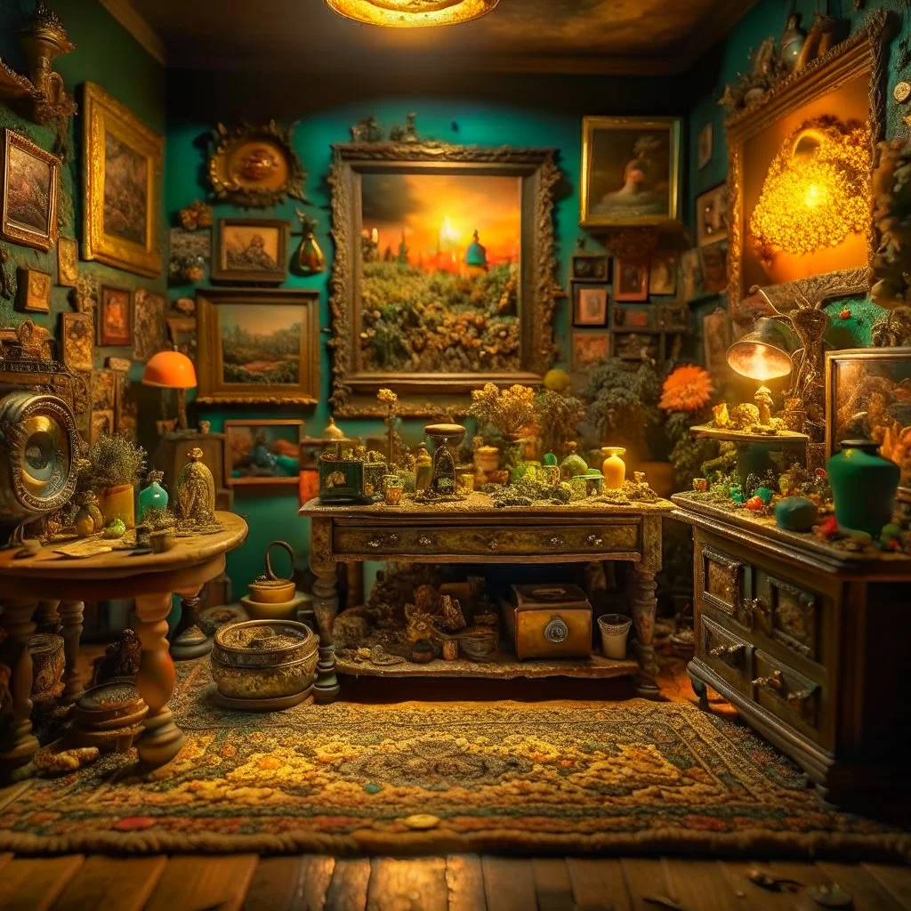 Diorama of old stuff in a room, sharp focus, 8k, 3d, very detailed, volumetric light, grim, fine art, very colorful, ornate, 35mm, F/2.8, insanely detailed and intricate, hypermaximalist, super detailed, decadent