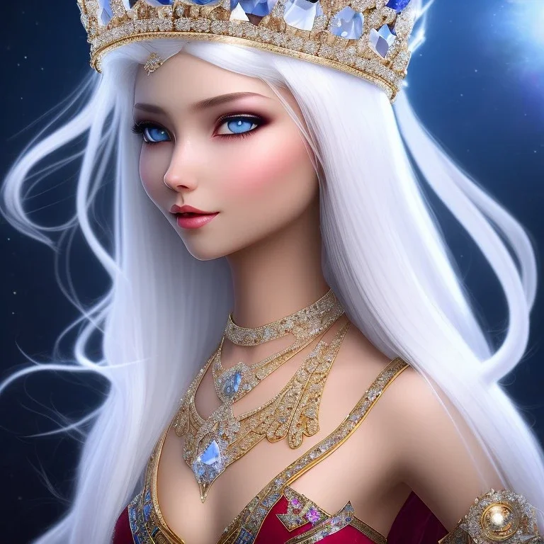 Ice Princess with white hair smilling, a crown with precious stones, bright background