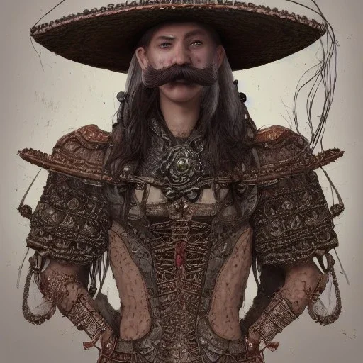 Insanely detailed photograph of an “portrait of a D&D fighter” with intricate Sombrero, intricate embroidered charo, mustachioed clear face and hyperdetailed painting by Ismail Inceoglu Huang Guangjian and Dan Witz CGSociety ZBrush Central fantasy art album cover art,8K, hdr, romantic, mysterious, ominous, cigar smoke, jewelry, comfort, natural eyes,naked,tasteful