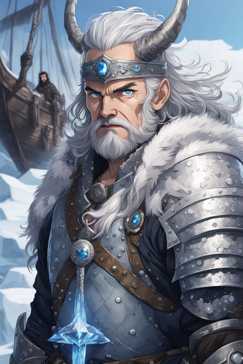 in anime style,1older man, a older man with blue eyes and black hair man in silver Viking armor with fur around the neck with blue crystal on his chest holding an axe in his hands standing on a pirate ship in the artic, warrior in anime style,