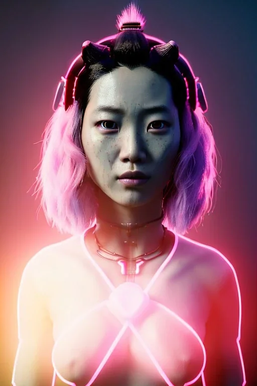 Ultra realistic portrait, Asian cyborg woman, samurai warrior :: symmetry photography, cyberpunk style, pink hair, glow makeup:: samurai armor, katana, japanese traditional ornaments, pink, white, black, glow eyes, cinematic, Ultra realistic, dark scene, soft color, highly detailed, unreal engine 5, RTX, ultra detail, 3d, finely drawn, high definition.