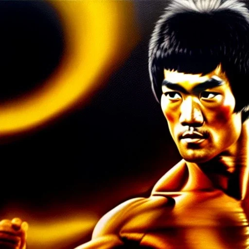 Ultra detailed fullbody Portrait in oil on canvas of Bruce lee , extremely detailed digital painting, extremely detailed face,crystal clear Big Glowing eyes, mystical colors ,perfectly centered image, perfect composition, rim light, beautiful lighting, 8k, stunning scene, raytracing, anatomically correct, in the style of robert e howard and Ken Kelley and Ohrai Noriyoshi and Simon Bisley and tomzj1