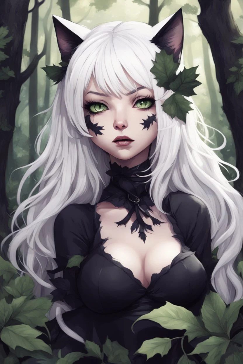 CAT GIRL, goth, forest, nature, cartoon, leaves, boobs, portrait, colour image, white hair