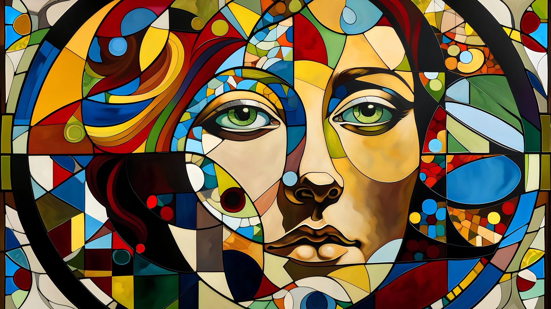 Abstract composition of a portrait of a woman inscribed in dynamic shapes, which form a kind of jigsaw puzzle of large circles and small colored diamonds that intersect. Suddenly, we discover the subject: the face of a woman who appears as if coming out of a stained glass window.