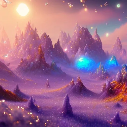 blue gold and violet landscape with multicolored crystals falling from the sky, full of details, smooth, bright sunshine，soft light atmosphere, light effect，vaporwave colorful, concept art, smooth, extremely sharp detail, finely tuned detail, ultra high definition, 8 k, unreal engine 5, ultra sharp focus