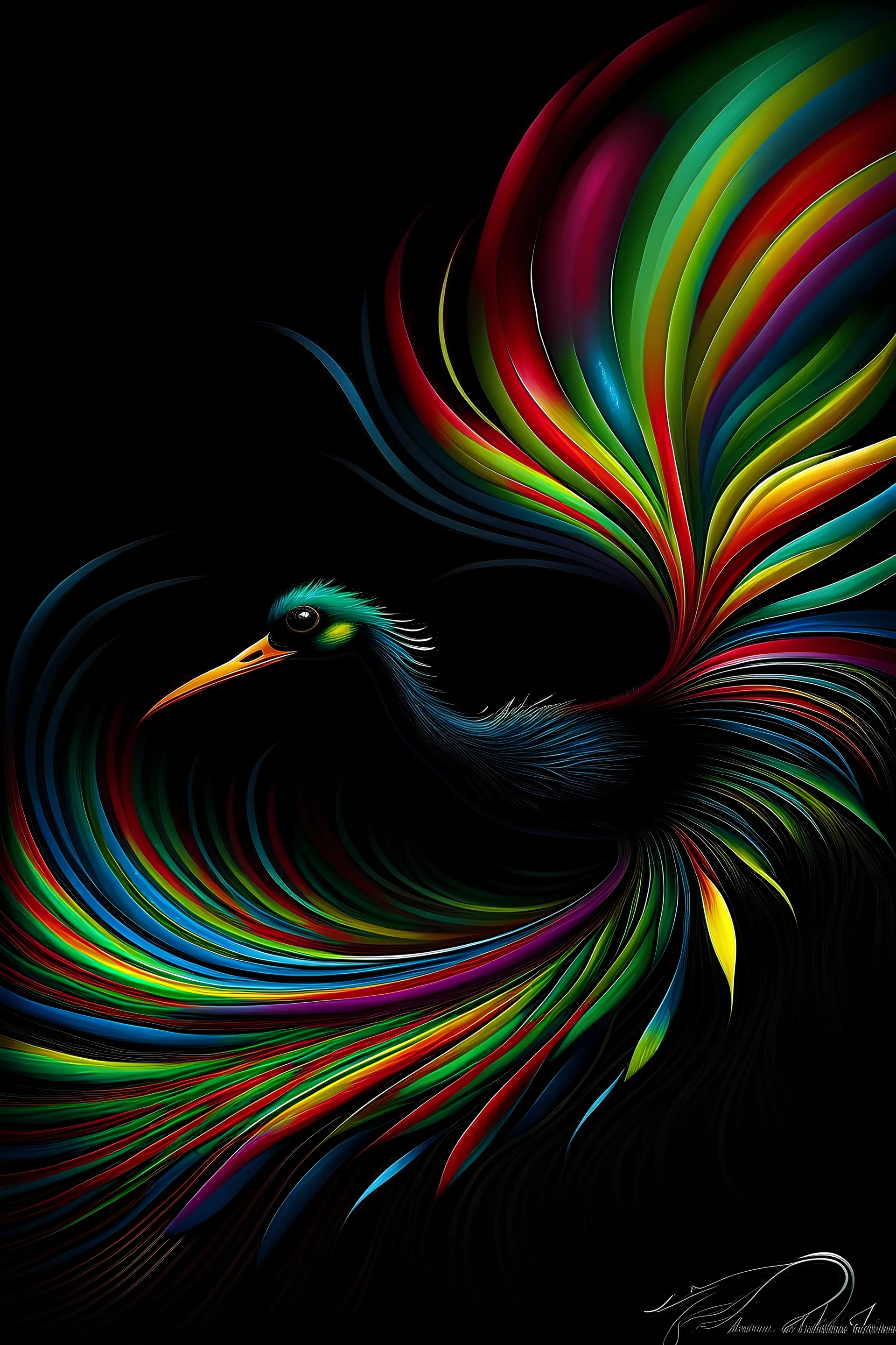 a painting of a bird of paradise on a black background, a digital rendering, inspired by Agnes Lawrence Pelton, psychedelic art, swirly liquid fluid abstract art, shusei nagaoka, color film still 1 9 7 7, deepdream cosmic, mana flowing around it, fractal of scary dirac equations