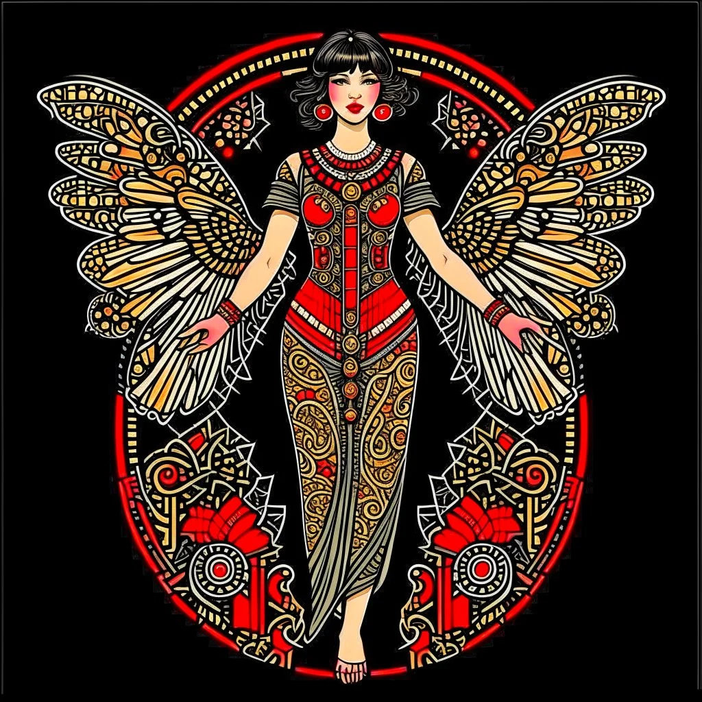 Full Body, Art Nouveau Woman With A Bob With A Fringe Hairstyle, Cleopatra Clothing, Steampunk Metal moth with red wings, Black Background