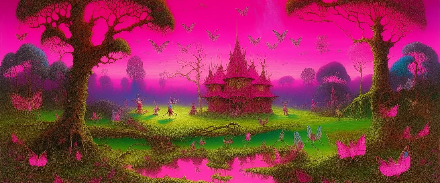 A magenta fairy kingdom with hearts designed in Australian aboriginal art painted by John Atkinson Grimshaw