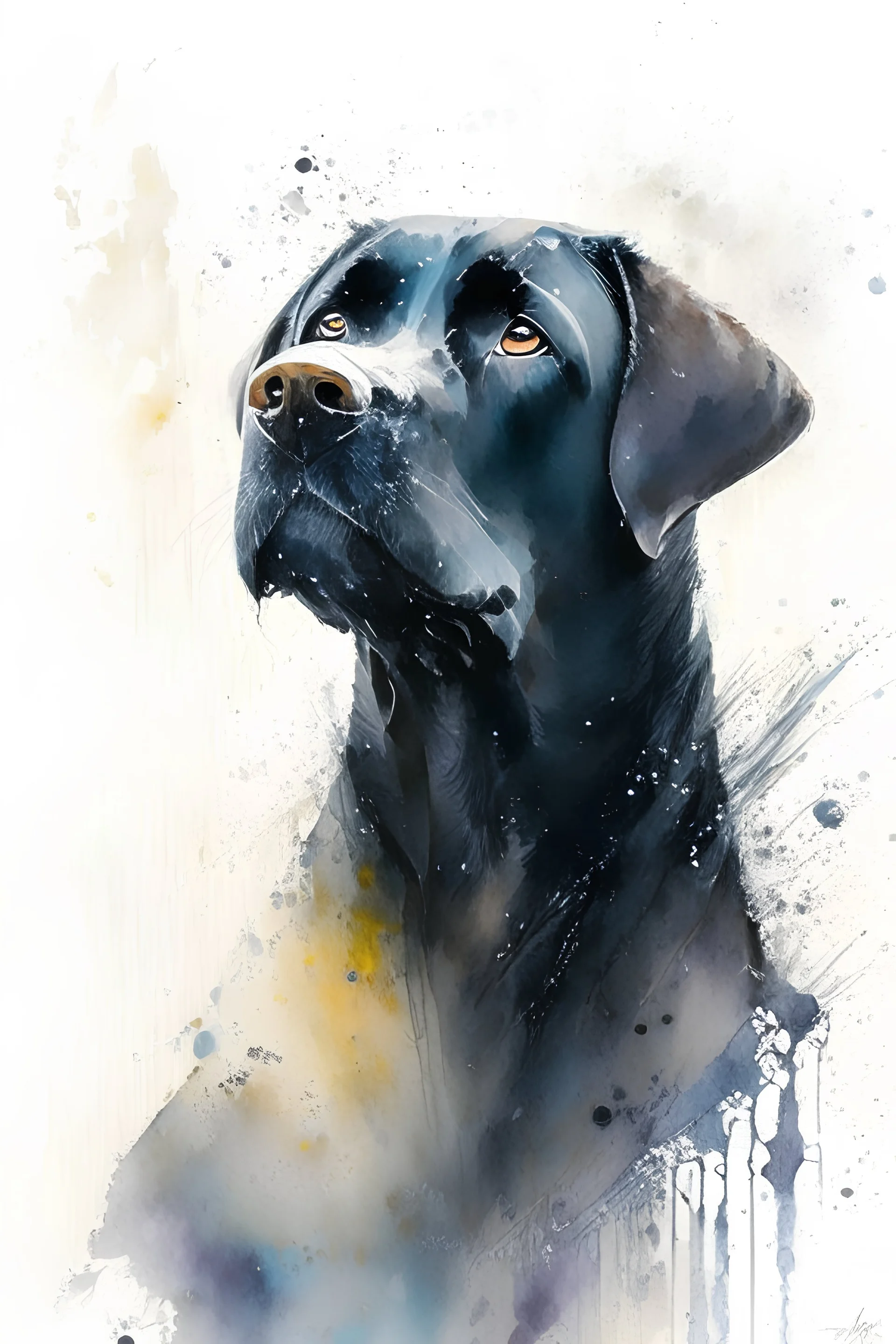 A portrait of black Labrador by Willem Haenraets, watercolor, wet on wet and splattering techniques, centered, perfect composition, abstraction, surrealism