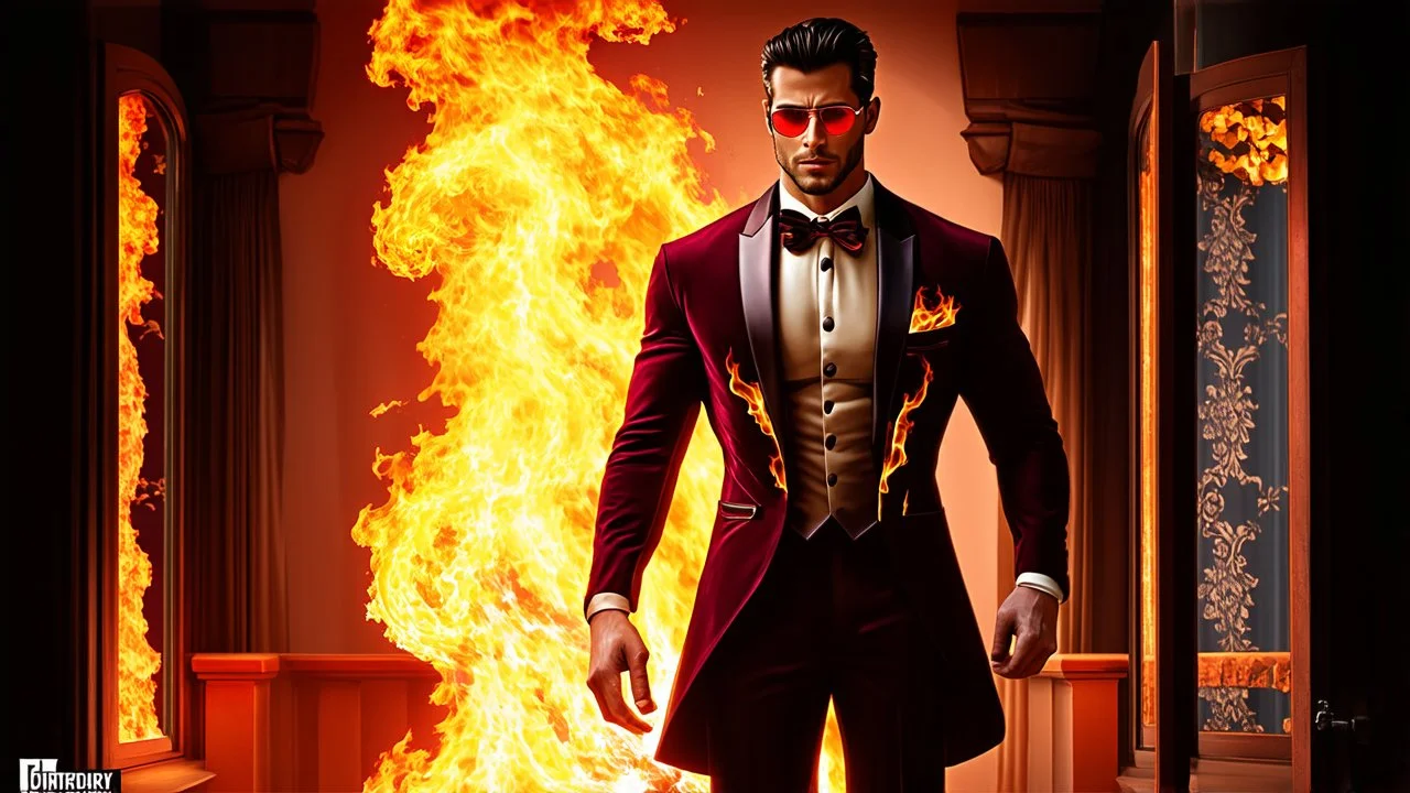 Hyper Realistic Photographic-Silhouette View of a handsome muscular Fire-Superhero wearing long-fancy-Maroon-tuxedo with-golden-flame-patterns on it & wearing fancy-red-sunglasses with flame-embers-around-him & standing on a vintage-crafted-balcony & maroon-open-fancy-windows & fancy-damask-wallpapers on walls at dark night showing dramatic & cinematic ambiance.