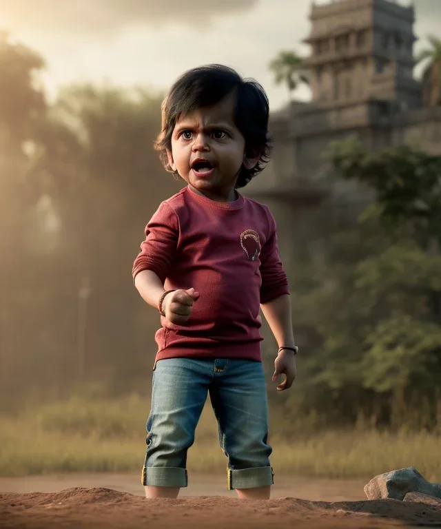 Raj kootrappali toddler, full body, dramatic lighting, angry, hyper realistic,