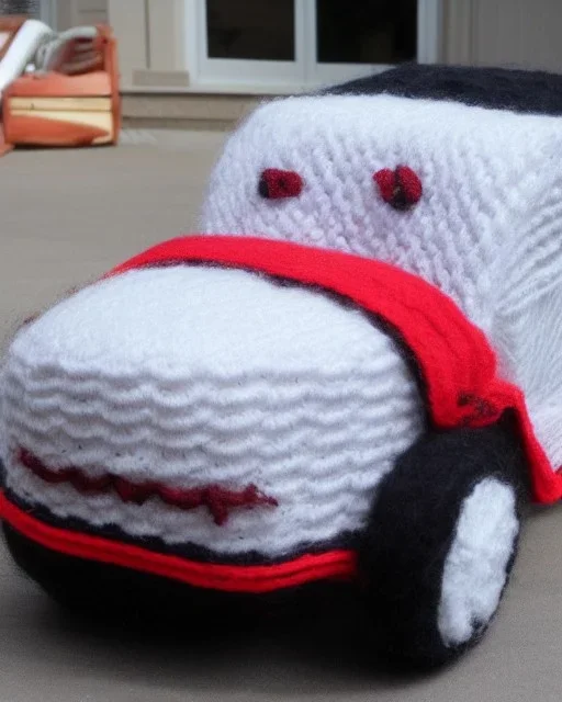 a smiling car knitted out of wool