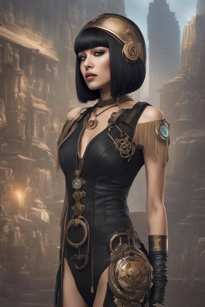 full-body-art of a woman with a bob with a fringe hairstyle, Cleopatra clothing, black knee-high boots, steampunk city background