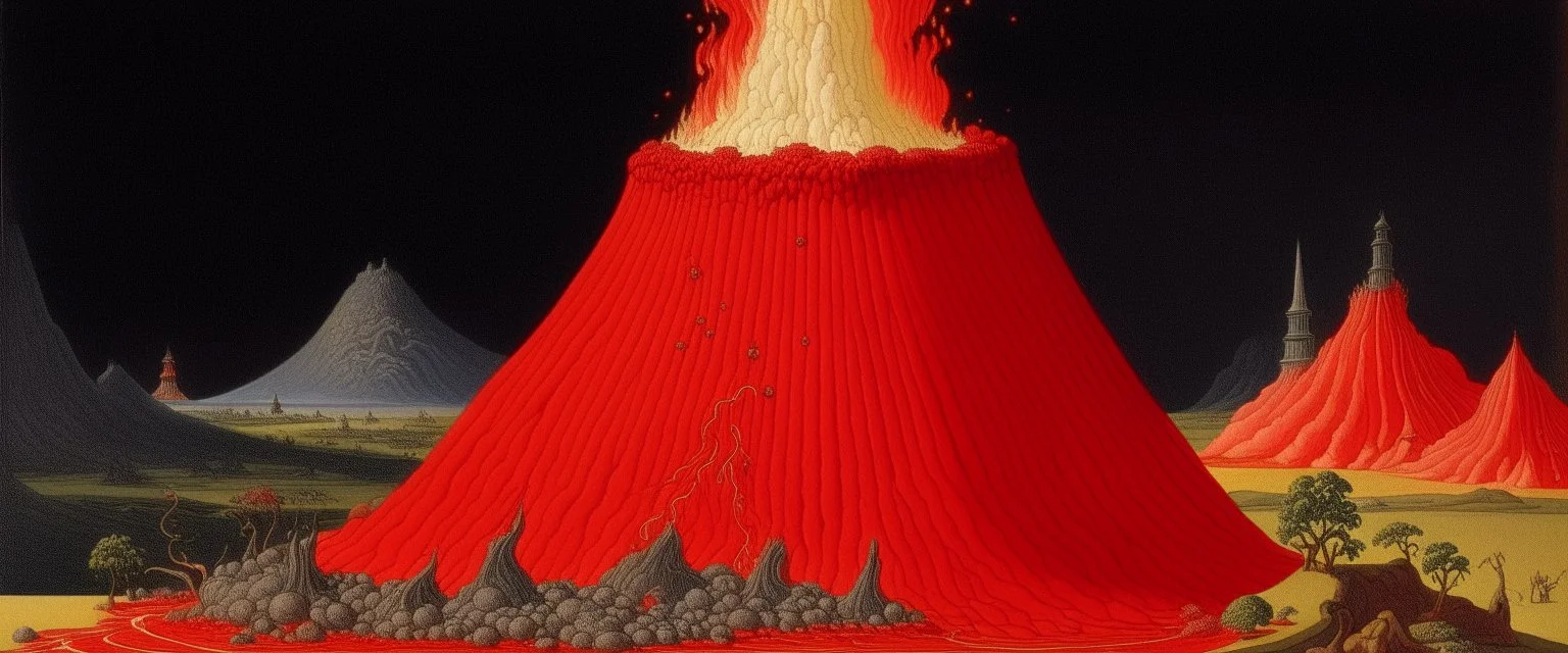 A red erupting volcano with spewing fire designed in ancient Greek pottery painted by the Limbourg brothers