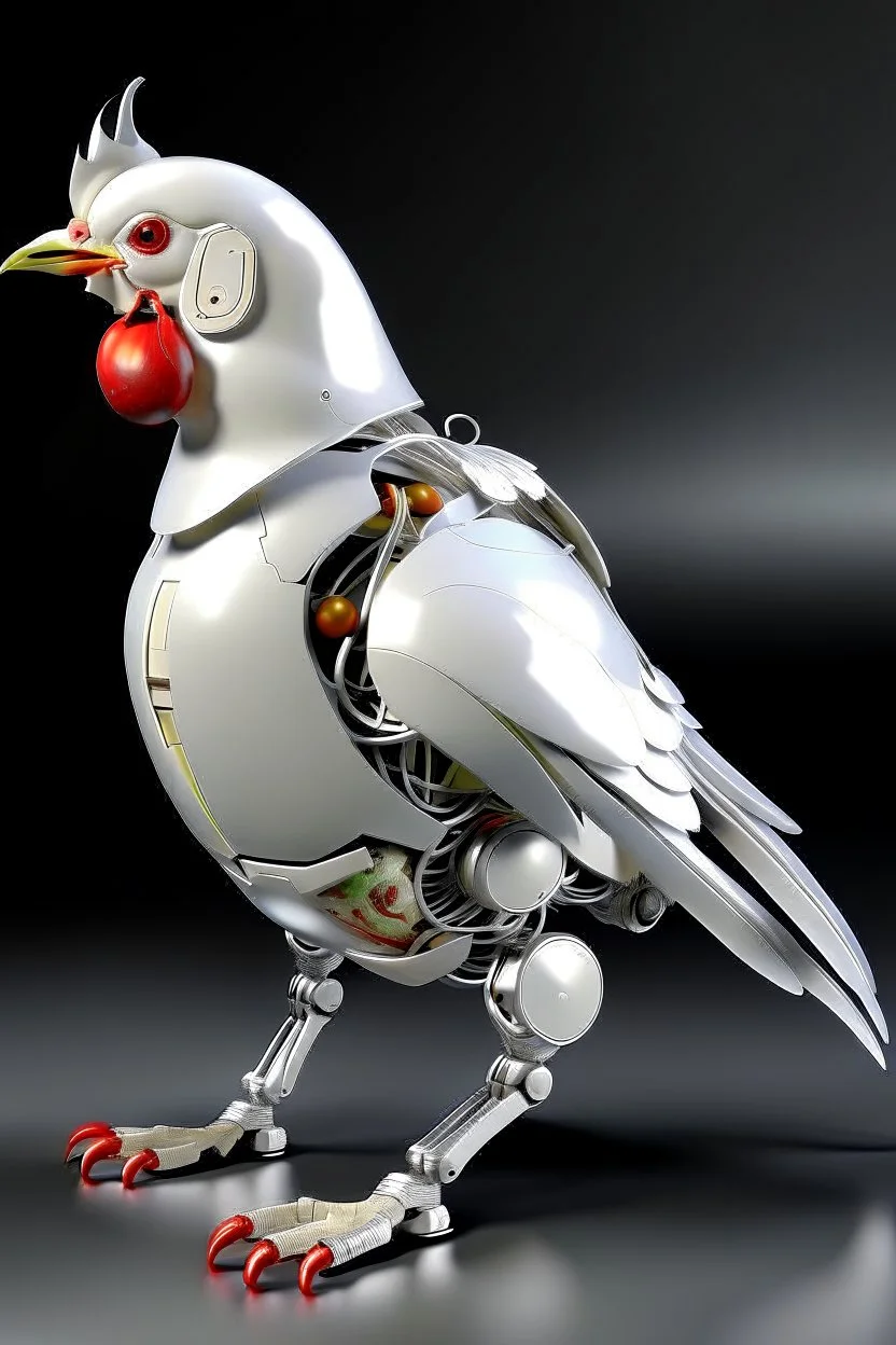 A robotic chiken with an Apple logo called “iBots”, suggesting it’s made from an Apple product’s casing. Its glossy white and silver limbs are mechanically jointed, reflecting a scarabet’s anatomy. The design is a creative fusion of technology and organic form, compactly labeled “ibots.” Hyper detailled, hyper realistic, 4K, sharp render