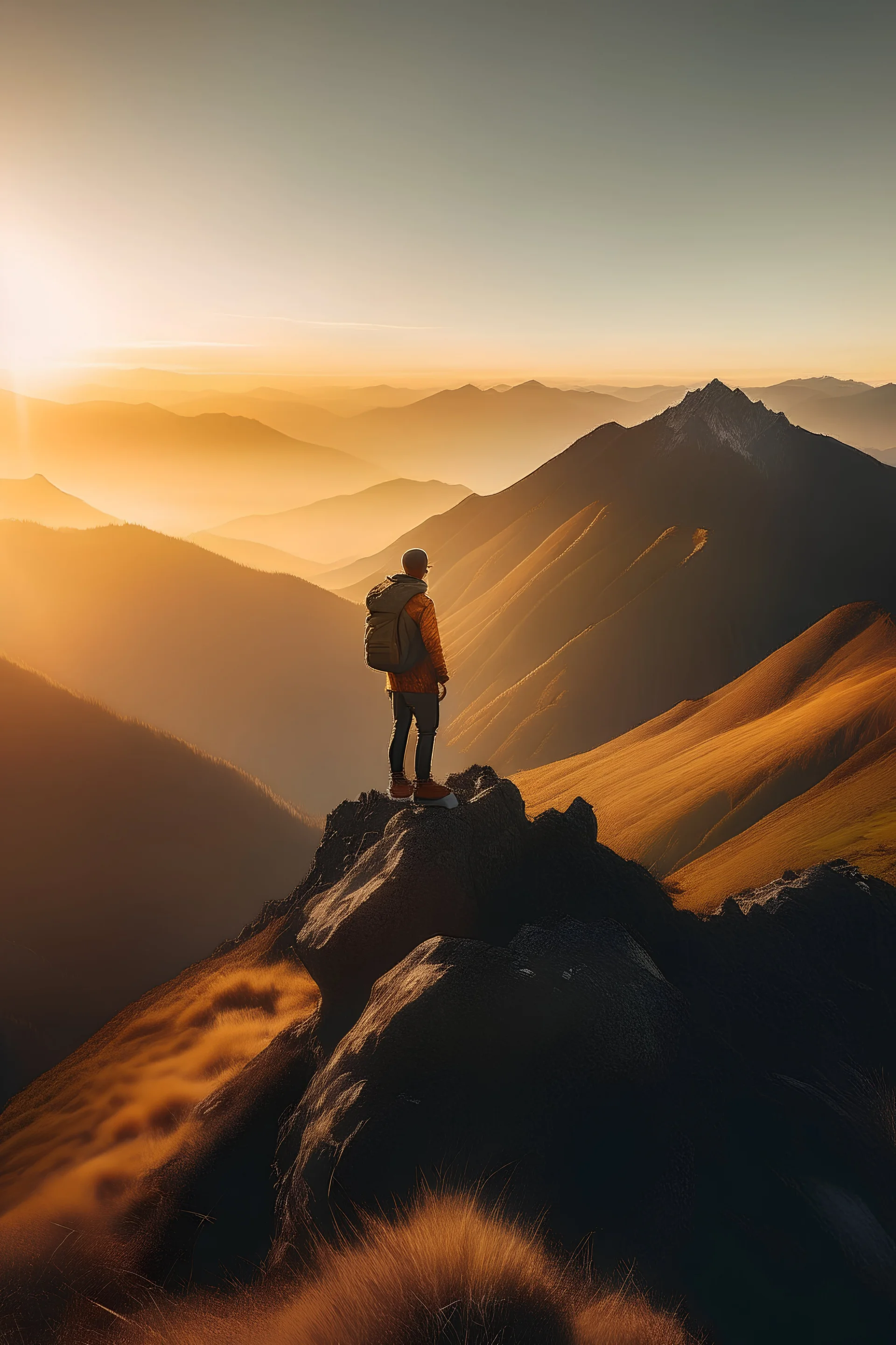 portrait of alone hiker on a mountain peak during golden hour