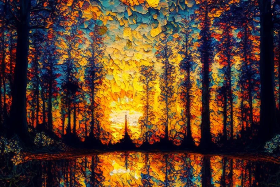 baroque style sunset in the forest, painting with kaleidoscopic touches, in the style of Claude Monet