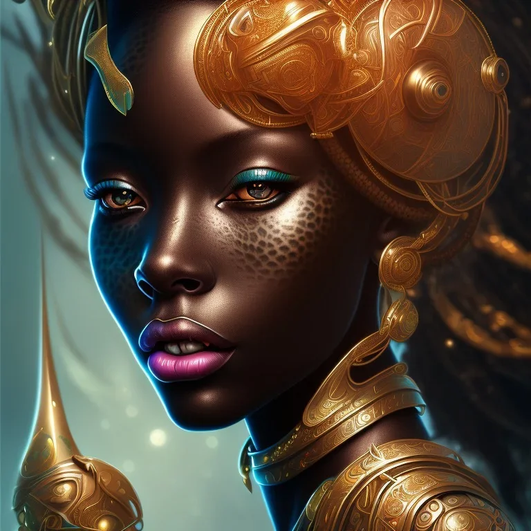 sango fantasy, fantasy magic, intricate, sharp focus, illustration, highly detailed, digital painting, concept art, matte, masterpiece head sexy lady body black African beauty space lady black leopard skin one head African afro background