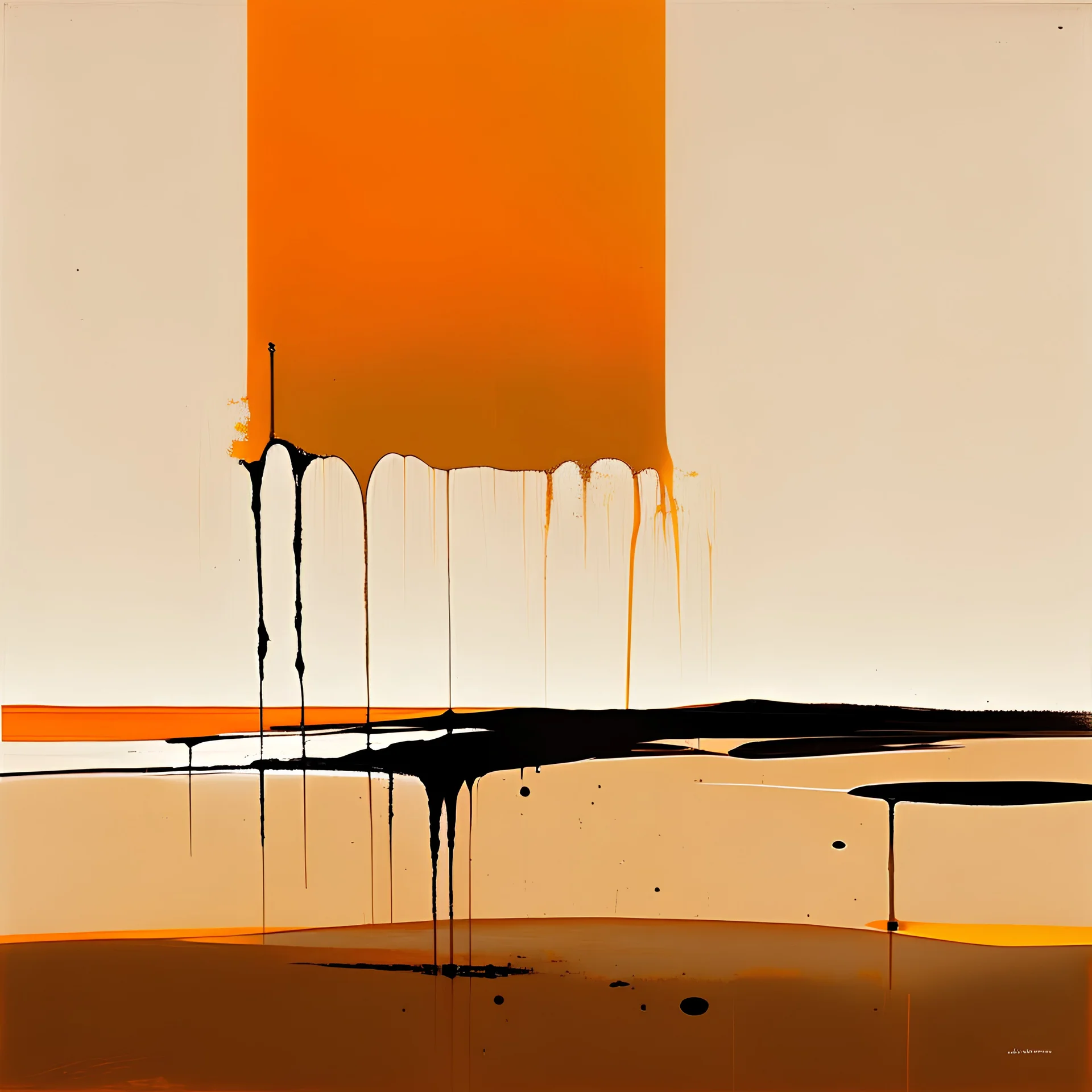 Melancholy Minimal abstract flat landscape painting. Rough brushstrokes and dripping paint. A single orange colour highlight with complimentary background colours. Use rule of thirds. Place the Horizon line at the top. Style of Justin Mortimer.Abstract empty landscape painting. Dripping paint. Rough. Minimal. Style of Justin Mortimer.