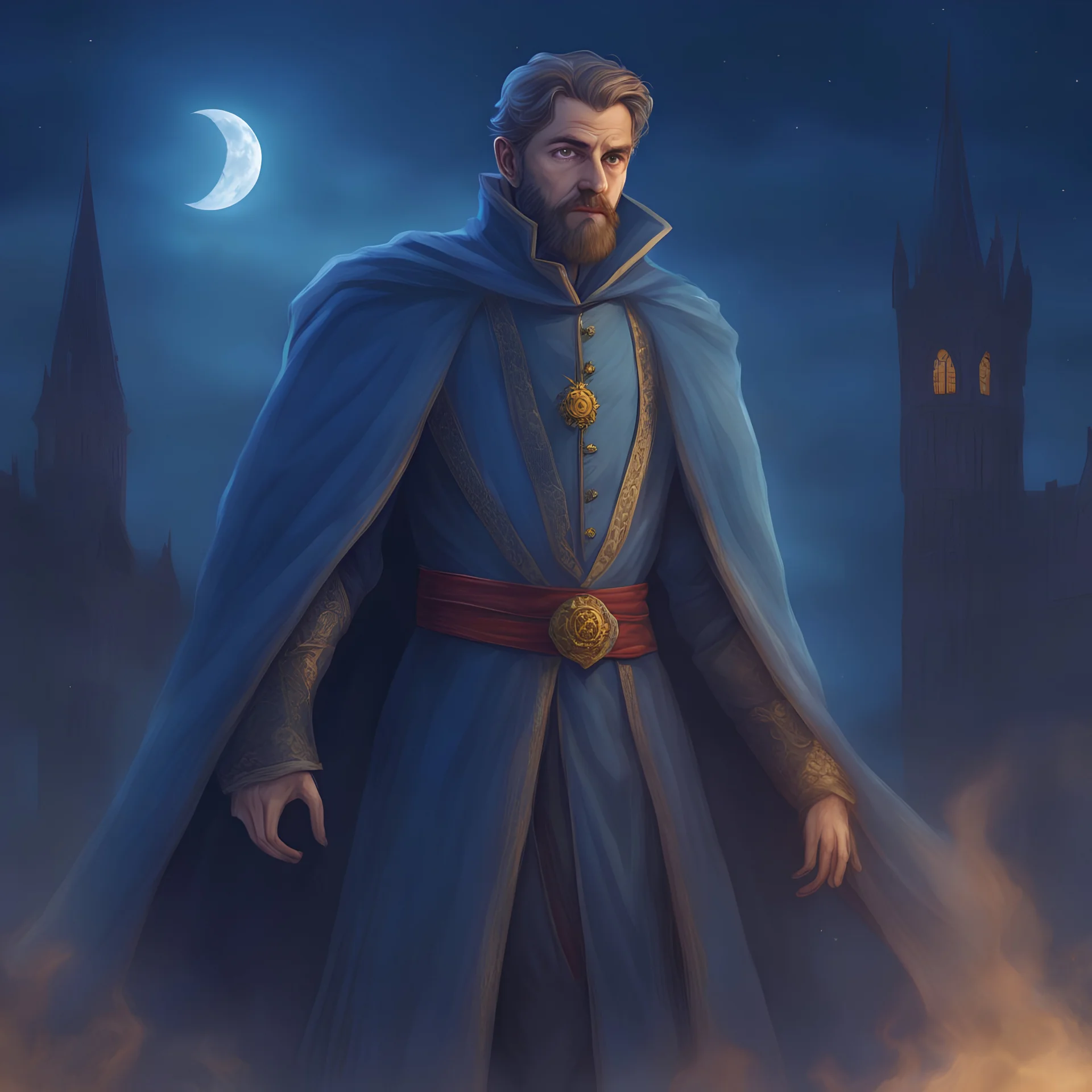 A blue transparent skin ghost spectre of European man short hair short beard wearing medieval noble aristocrat cloth at the midnight sky