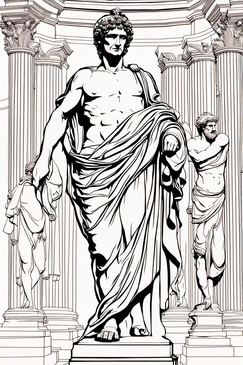 Architecture of ancient Rome of the II century AD Statues of ancient Roman gods contour reconstruction. The drawing is linear, in the style of vector graphics, black and white. High image quality in 8K