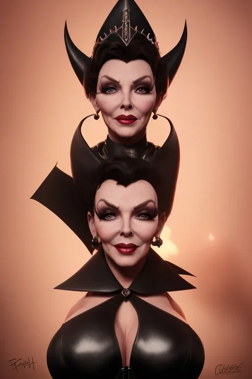 Joan Collins as evil queen in black leather, leather, busty, cleavage, angry, stern look. character design by cory loftis, fenghua zhong, ryohei hase, ismail inceoglu and ruan jia. unreal engine 5, artistic lighting, highly detailed, photorealistic, fantasy