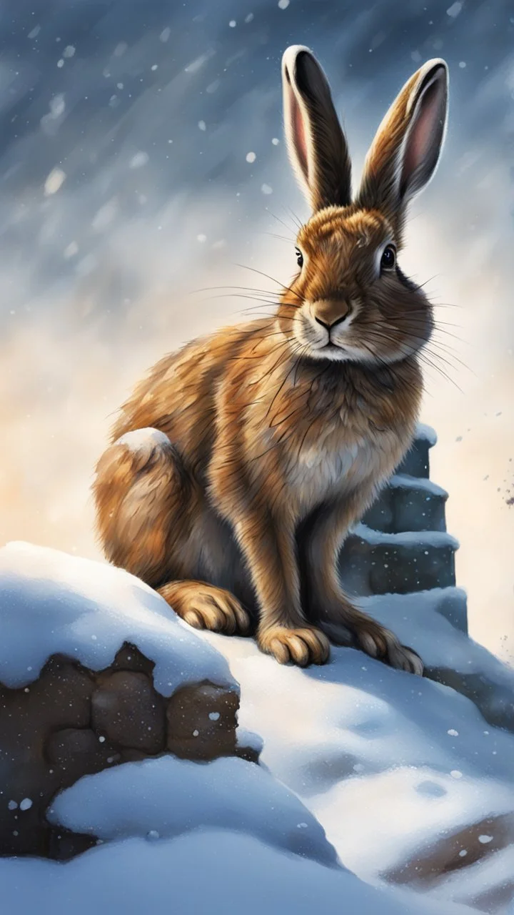 hare in the snow on holding a tower fortification, magazine cover illustration with oil paint and spray paint, signed, bokeh like, down-light, unreal engine, prize winning