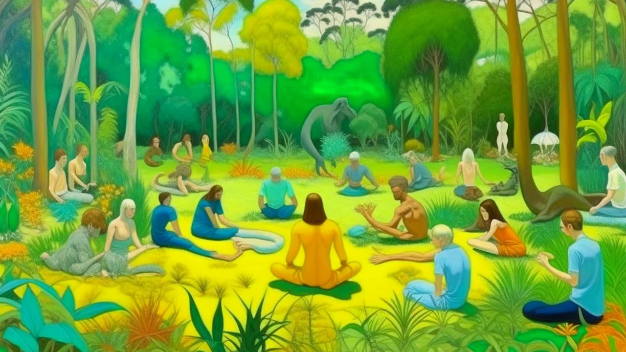 An high detailed oil painting by Ed Ruscha and Van Gogh of people practicing yoga surrounded by wild animals and lush vegetation.