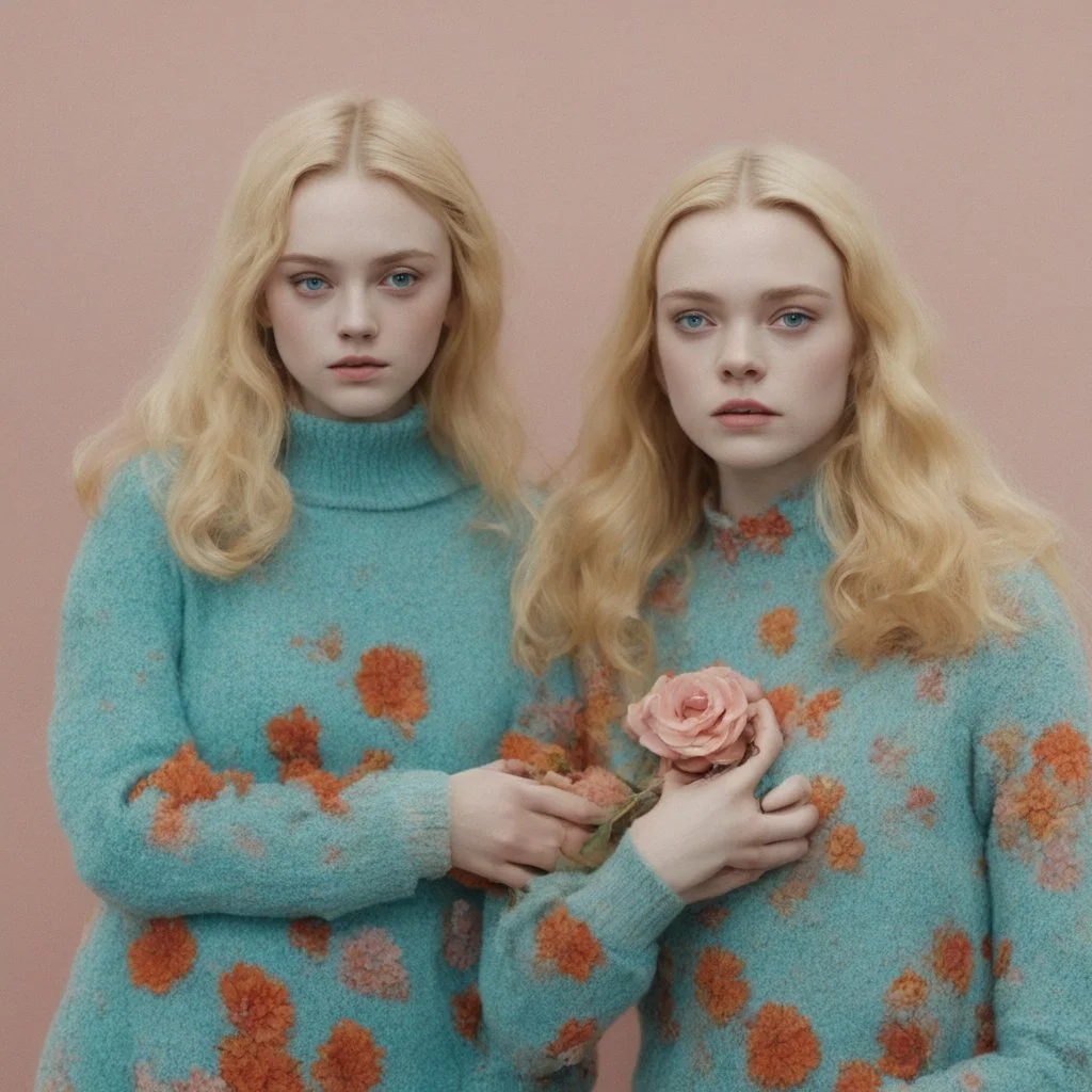 Elle fanning and dakota fanning as flowers, turquoise, turtleneck sweater, 1970s