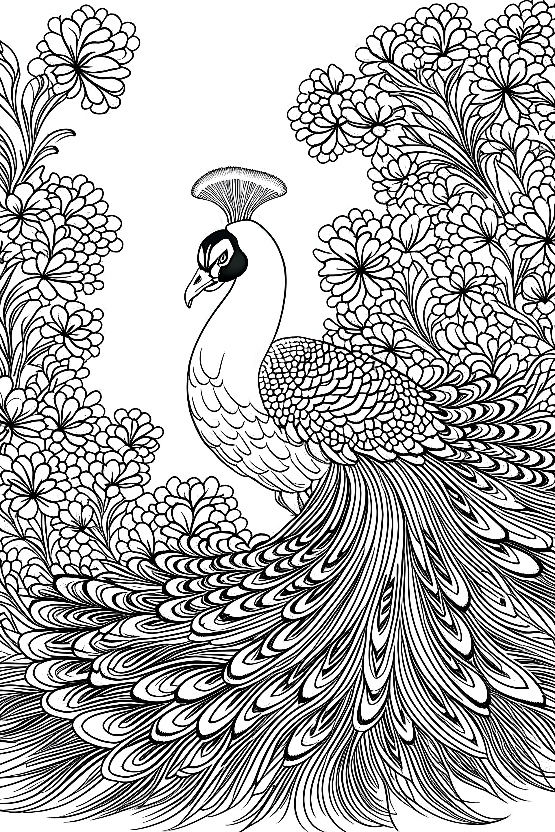 coloring book image of peacock