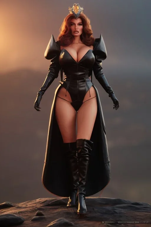 Raquel Welch as evil queen in black leather, leather, busty, cleavage, angry, stern look. character design by cory loftis, fenghua zhong, ryohei hase, ismail inceoglu and ruan jia. unreal engine 5, artistic lighting, highly detailed, photorealistic, fantasy