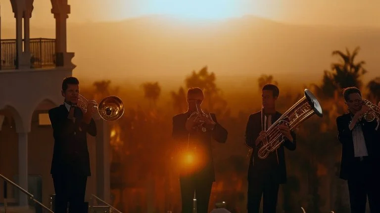 panoramic ,brass orchestra playing outside a beverly hills style mansion, exterior photography of a romantic and bright house, 8k, ultra HD