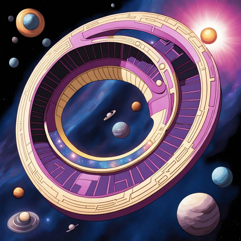 a Mobius strip that is also a starship "TAA II" is the size of a solar system and belongs to Marvel's Galactus, it is shaped like a Mobius strip, winding and looping upon itself, with Jack Kirby design elements, in space with small planets within, add color and texture