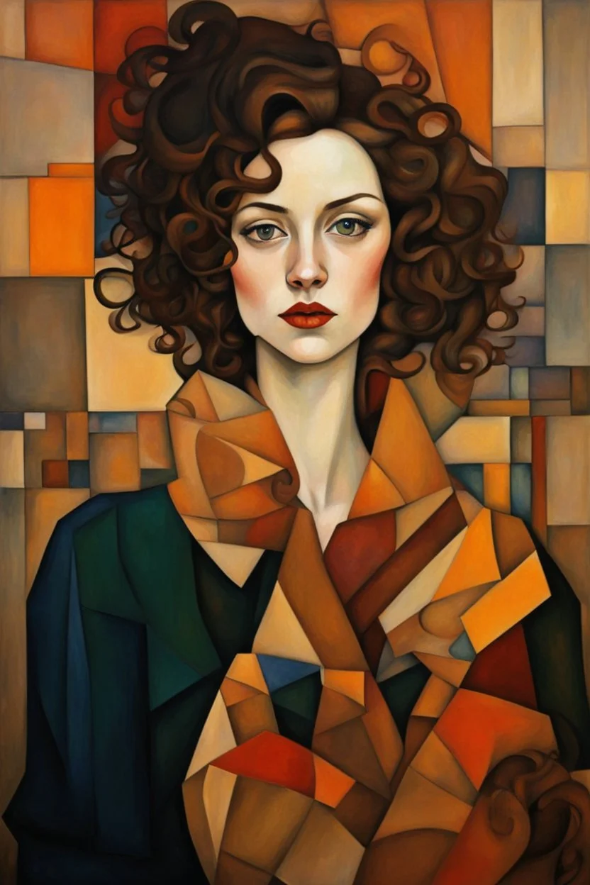 Woman in the cubism style of argon Schiele + Gustav Klimt. Rich, lovely colors, full cubism style