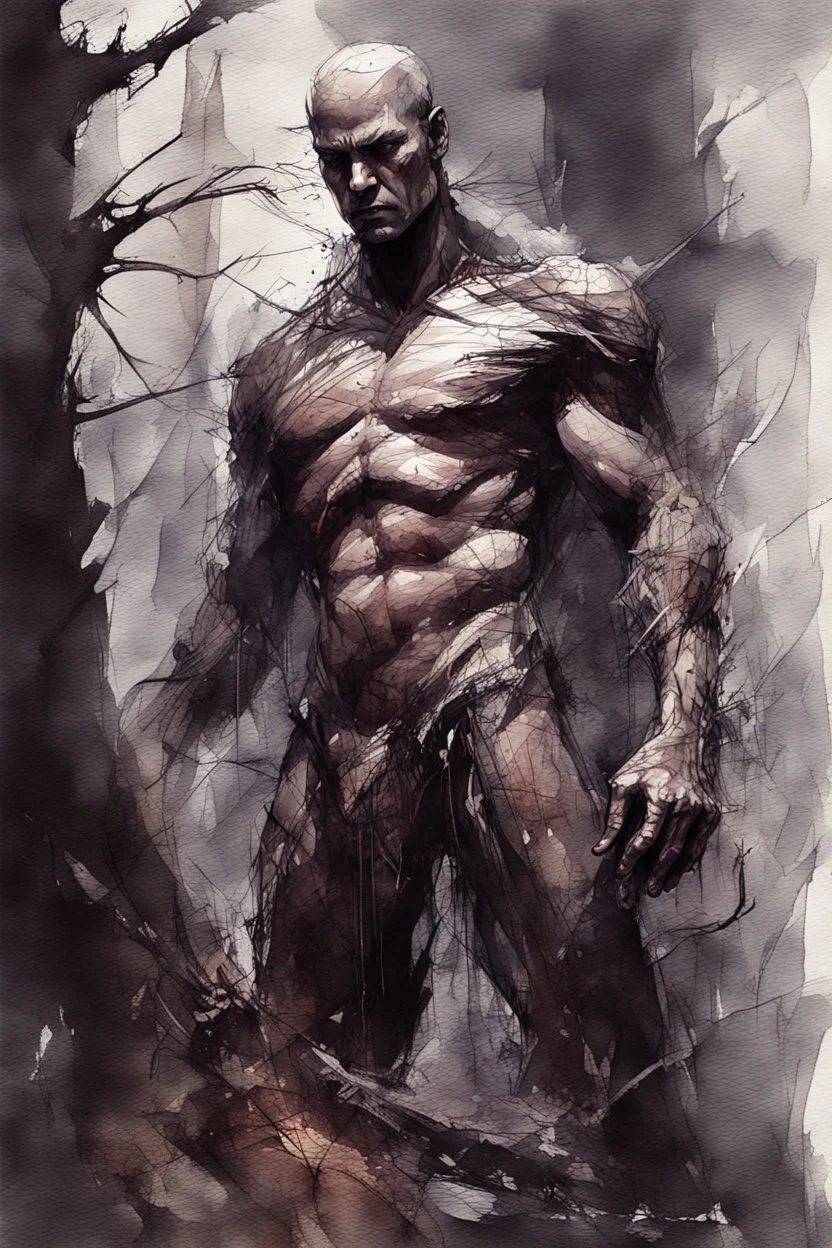 Evil stone golem taller than trees, vivid emotions, watercolor, photorealism, dark fantasy, bad weather, gloomy day, dark world, sketch art, fine lines, grunge, sensual, darkness, by Raymond Swanland & Alyssa Monks & Anna Razumovskaya