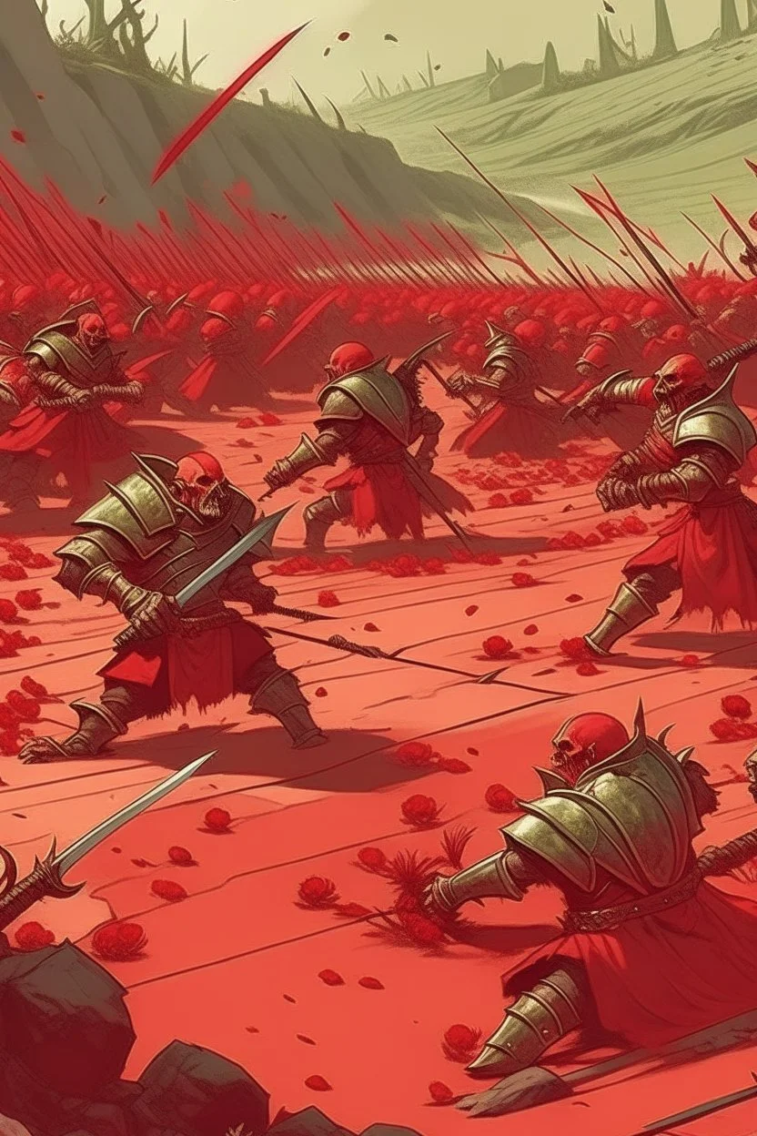 a red battle field with dead orcs