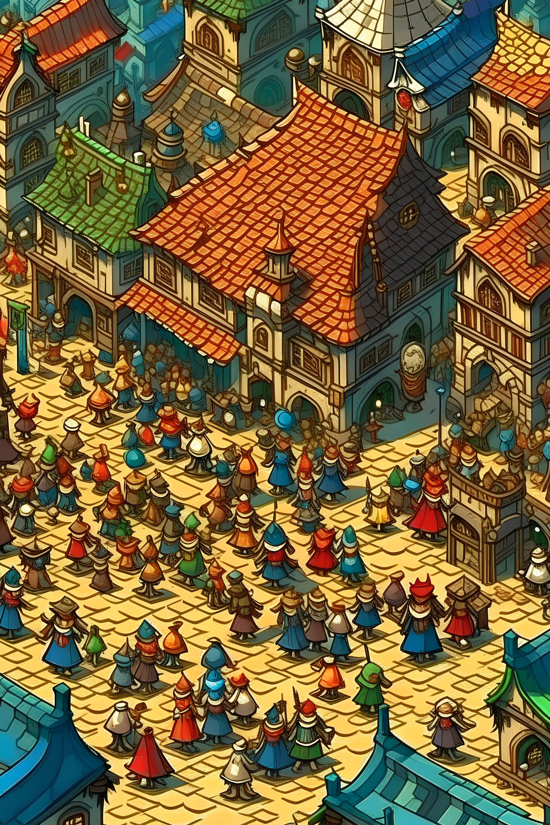 crowd of fantasy townsfolk. from above. fantasy cartoon. low fidelity art.