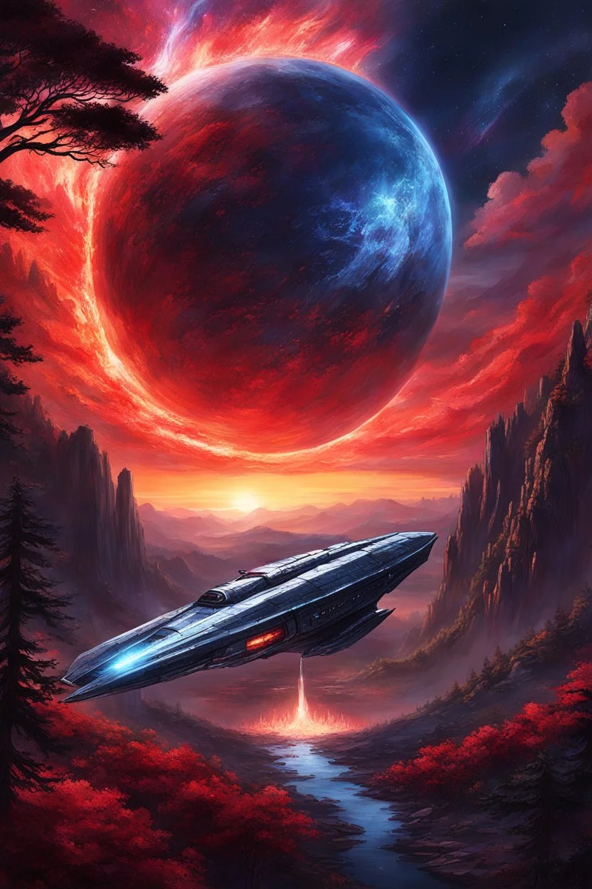 [spaceship, art of Casca from Berserk] The Stellaris nears the blue planet,Its red forests beckon with allure.The starship descends, flames ablaze,Through the celestial descent it endures.Stepping onto the crimson soil,The crew is awestruck by the vista.Towering trees, aglow with inner light,Creatures dart amidst the surreal landscape.